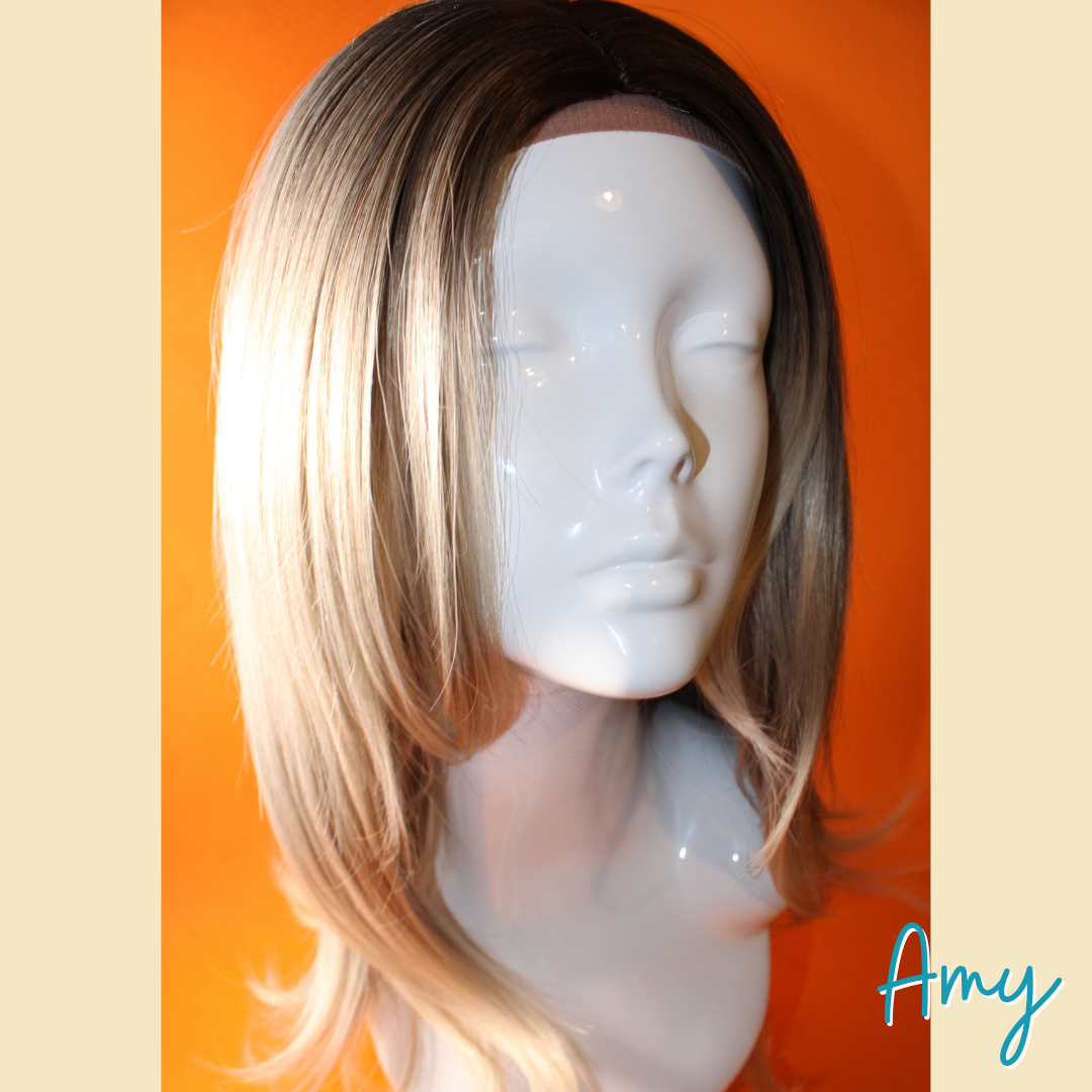 Amy - 22" Straight Layered Synthetic Wig - Ash Blonde and Silver Mix with Dark Roots