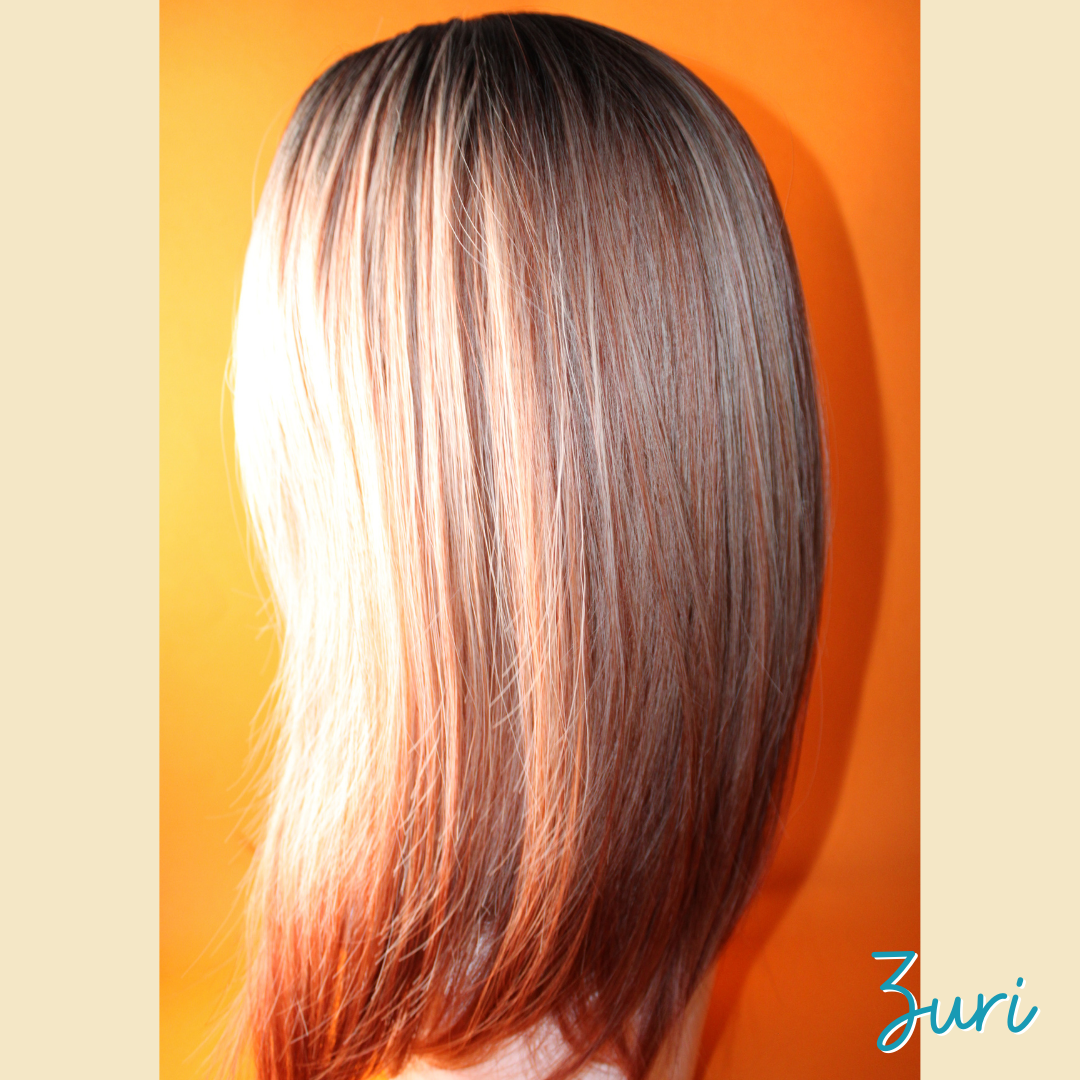 Zuri - 19" Straight Synthetic Wig - Ash Black , Blonde & Ash Pinky Copper Ombre Mix