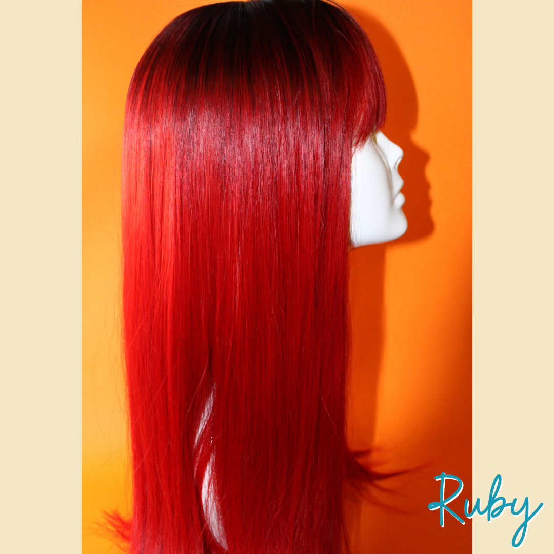 Ruby - 22" Straight Synthetic Wig - Red with Black Roots