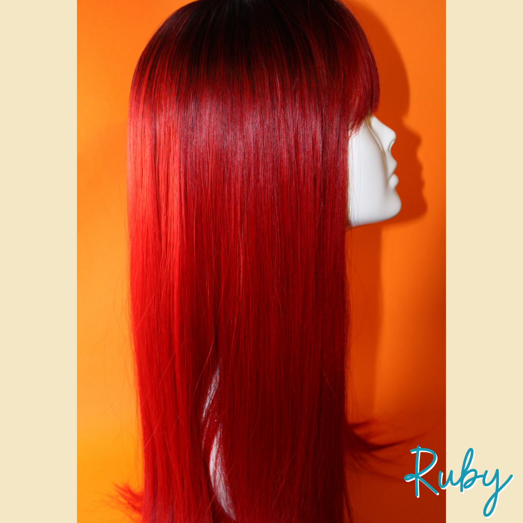 Ruby - 22" Straight Synthetic Wig - Red with Black Roots