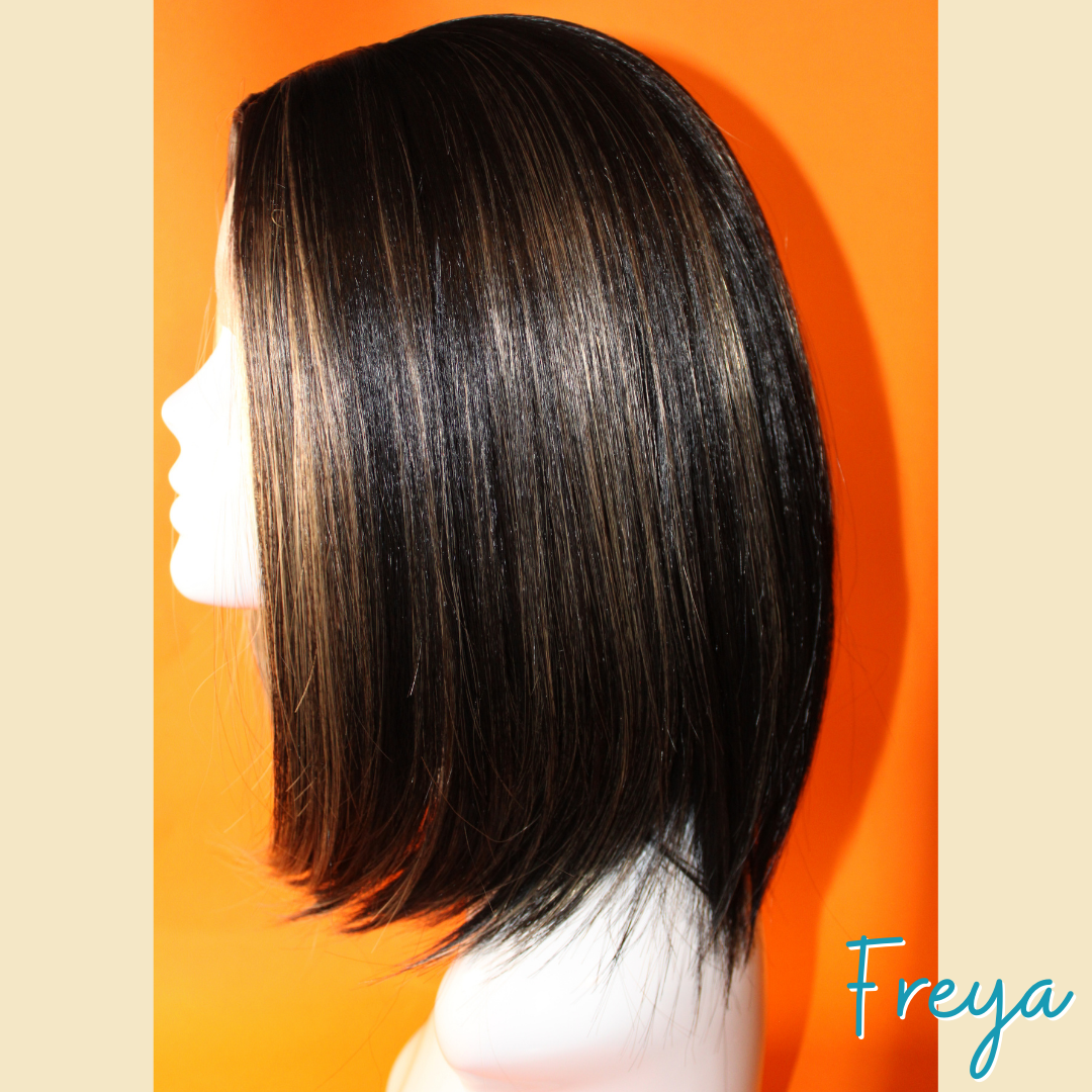 Freya - 14" Straight Synthetic Wig - Black with Brown/Blonde Highlights